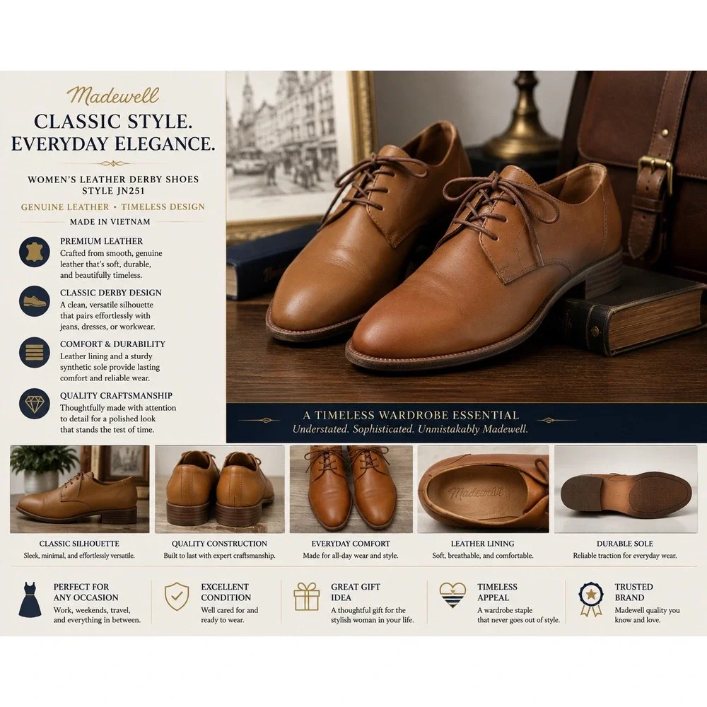 Madewell Men's Cognac Leather Derby Oxford Lace-Up Shoes Leather Size 9